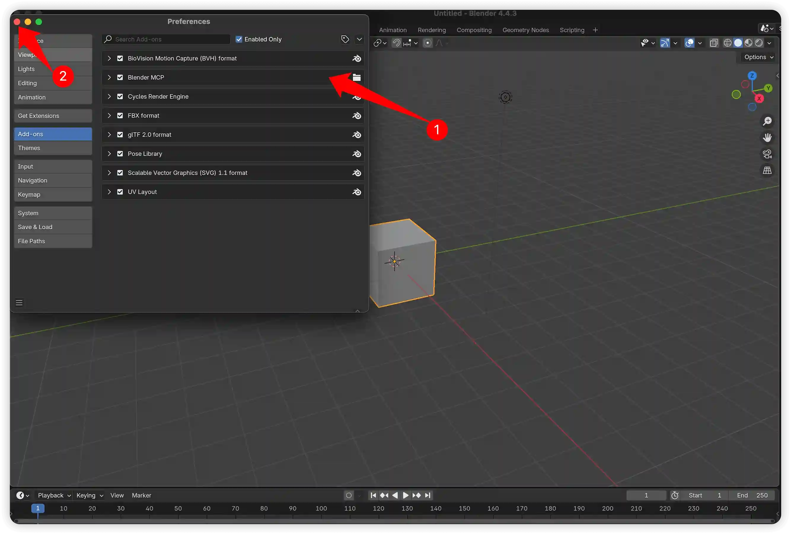 Enable Blender MCP Addon in Preferences